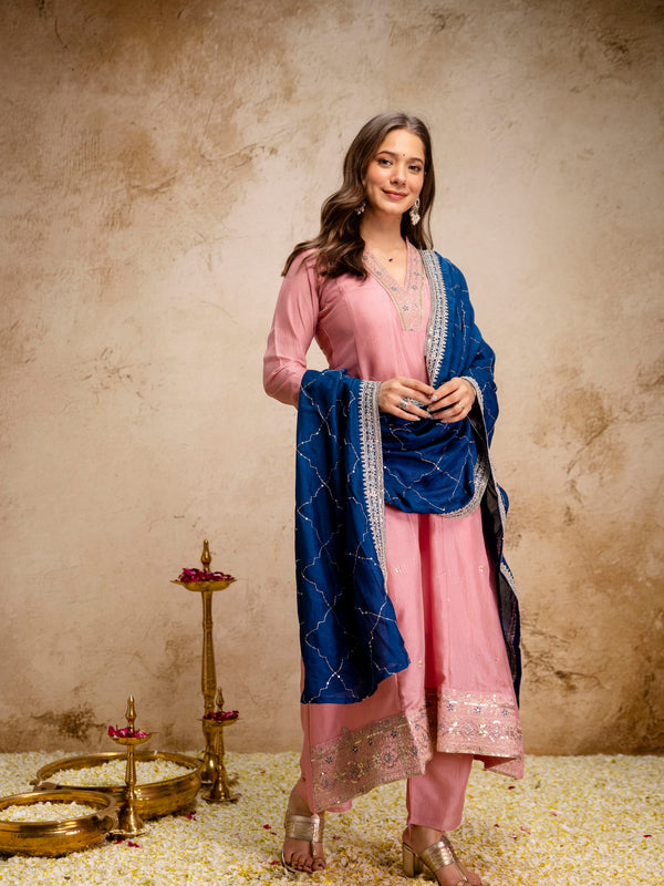 Women's Vichitra Silk Embroidered Kurta Pant Dupatta Set