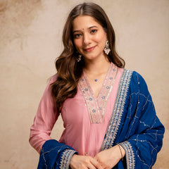 Women's Vichitra Silk Embroidered Kurta Pant Dupatta Set