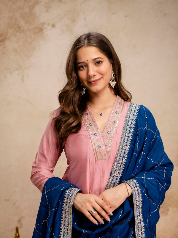 Women's Vichitra Silk Embroidered Kurta Pant Dupatta Set