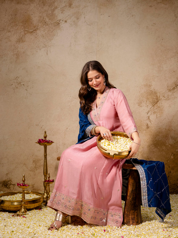 Women's Vichitra Silk Embroidered Kurta Pant Dupatta Set