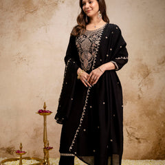 Women’s Vichitra Embroidered Kurti With Stitched Bottom & Dupatta Set