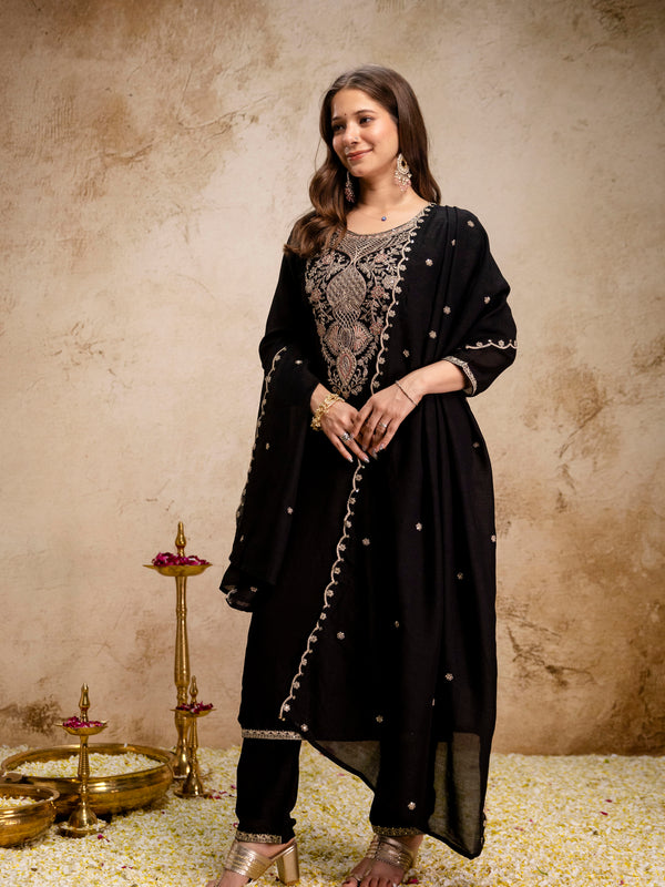 Women’s Vichitra Embroidered Kurti With Stitched Bottom & Dupatta Set