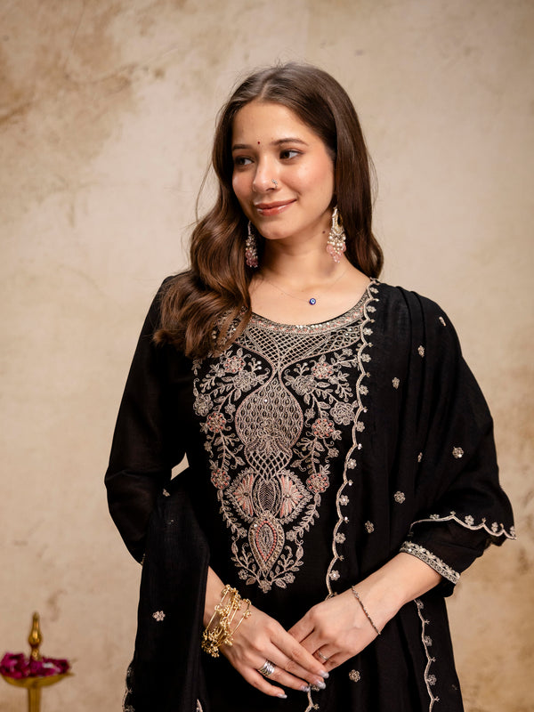 Women’s Vichitra Embroidered Kurti With Stitched Bottom & Dupatta Set