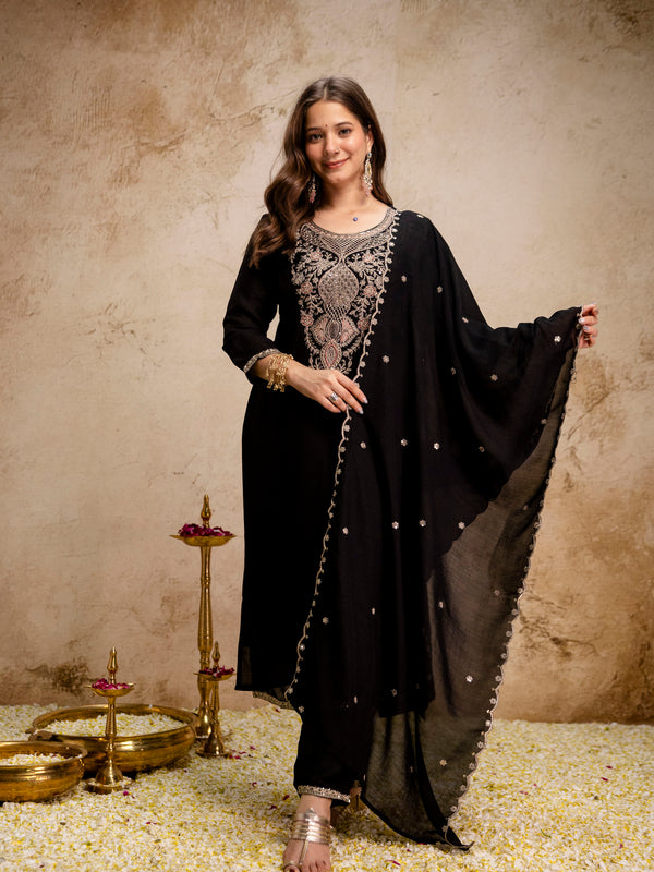 Women’s Vichitra Embroidered Kurti With Stitched Bottom & Dupatta Set