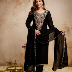 Women’s Vichitra Embroidered Kurti With Stitched Bottom & Dupatta Set