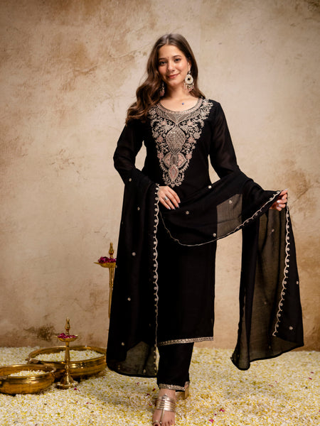 Women’s Vichitra Embroidered Kurti With Stitched Bottom & Dupatta Set