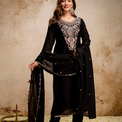Women’s Vichitra Embroidered Kurti With Stitched Bottom & Dupatta Set