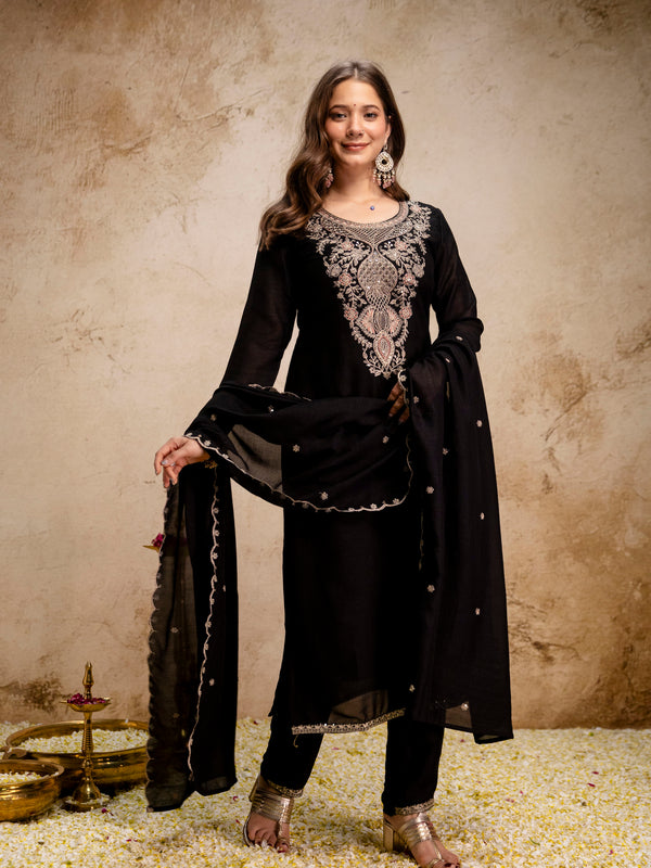 Women’s Vichitra Embroidered Kurti With Stitched Bottom & Dupatta Set
