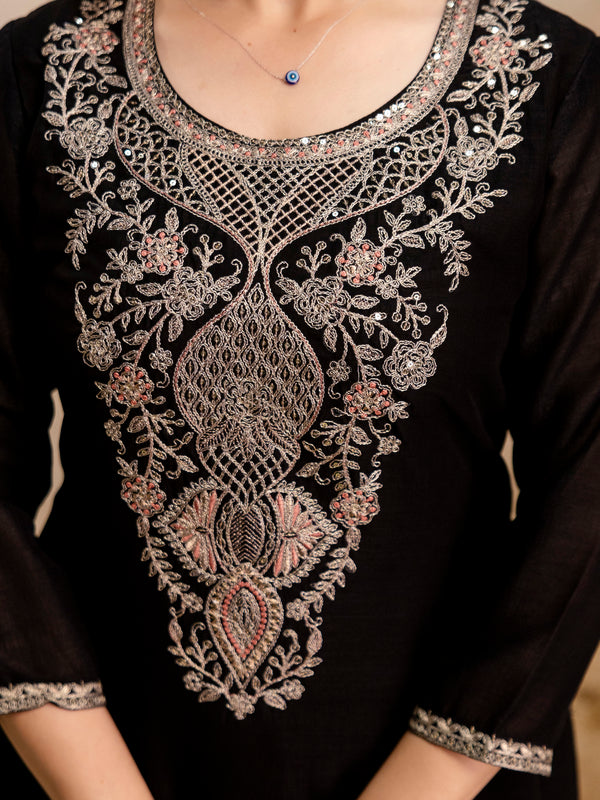Women’s Vichitra Embroidered Kurti With Stitched Bottom & Dupatta Set
