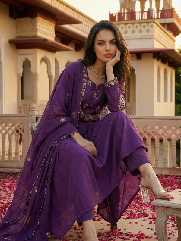 Women's Chanderi Silk Embroidered Kurta Pant Set With Organza Dupatta