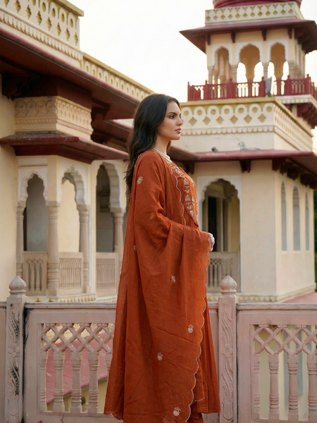 Women's Chanderi Silk Embroidered Kurta Pant Set With Organza Dupatta