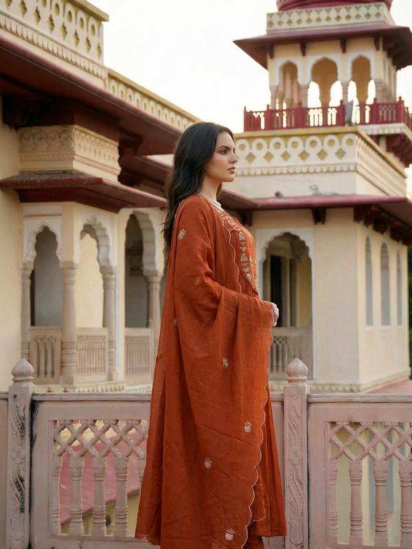Women's Chanderi Silk Embroidered Kurta Pant Set With Organza Dupatta