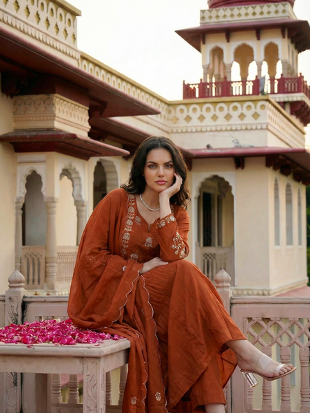 Women's Chanderi Silk Embroidered Kurta Pant Set With Organza Dupatta