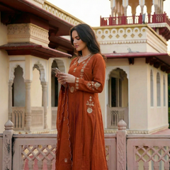 Women's Chanderi Silk Embroidered Kurta Pant Set With Organza Dupatta