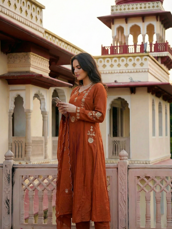 Women's Chanderi Silk Embroidered Kurta Pant Set With Organza Dupatta