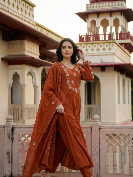 Women's Chanderi Silk Embroidered Kurta Pant Set With Organza Dupatta
