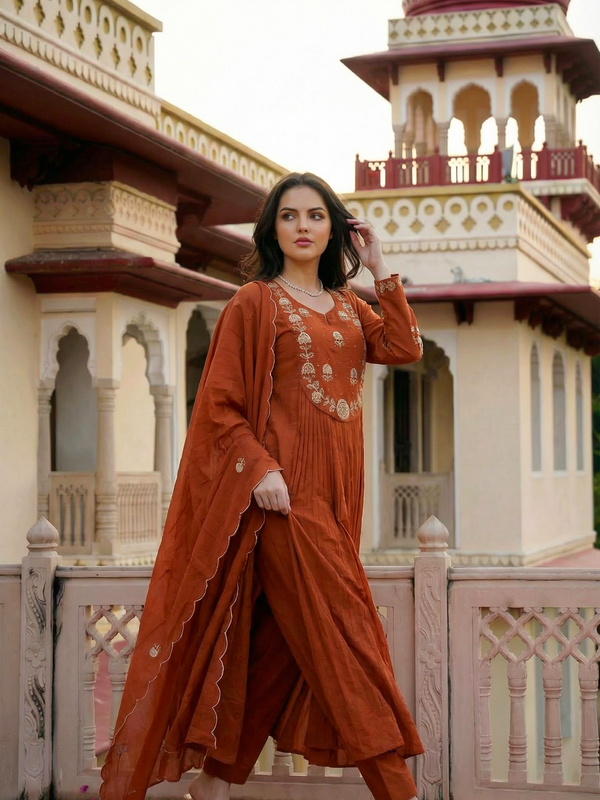 Women's Chanderi Silk Embroidered Kurta Pant Set With Organza Dupatta