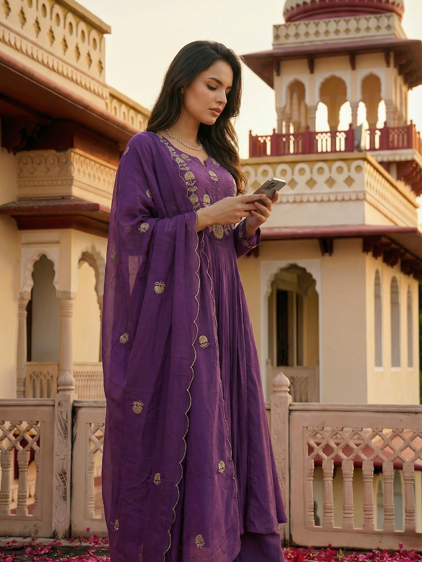 Women's Chanderi Silk Embroidered Kurta Pant Set With Organza Dupatta