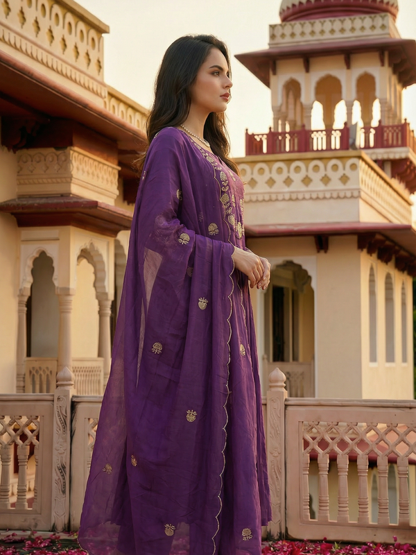Women's Chanderi Silk Embroidered Kurta Pant Set With Organza Dupatta