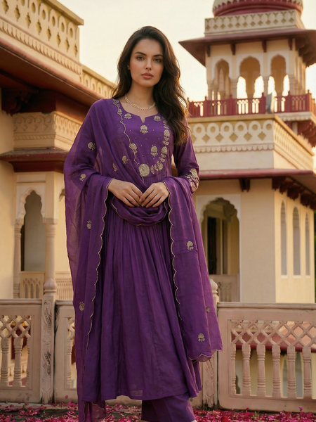 Women's Chanderi Silk Embroidered Kurta Pant Set With Organza Dupatta