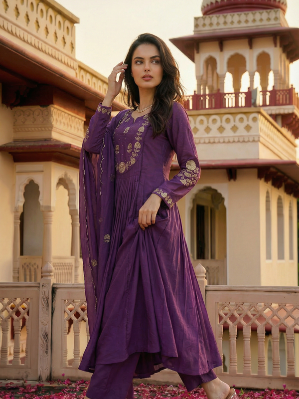 Women's Chanderi Silk Embroidered Kurta Pant Set With Organza Dupatta