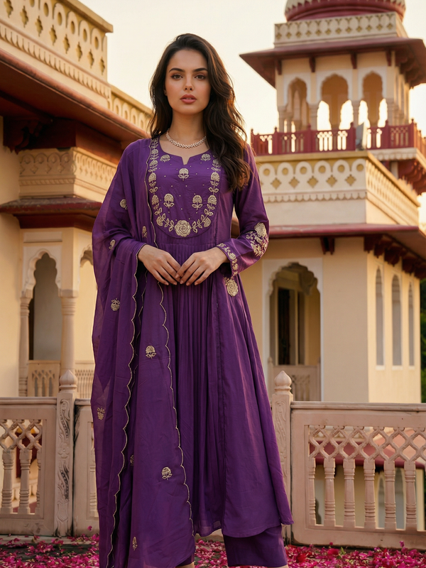 Women's Chanderi Silk Embroidered Kurta Pant Set With Organza Dupatta