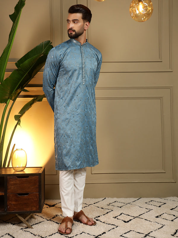 Men’s Heavy Khadi Cotton Mirror Work Kurta with Semi Cotton Chudidar