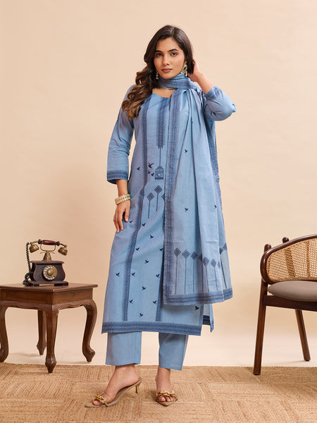 Women's Pure Cotton Jacquard Kurta With Pant & Cotton Dupatta Set