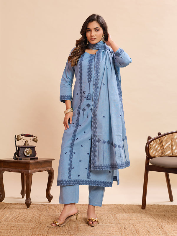 Women's Pure Cotton Jacquard Kurta With Pant & Cotton Dupatta Set