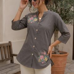 Women’s Grey Cotton Floral Printed Shirt Style Tunic