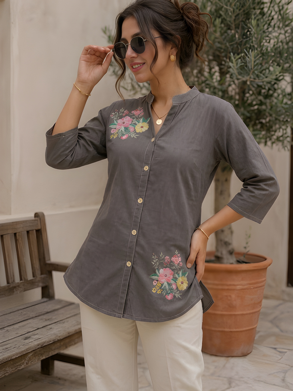 Women’s Grey Cotton Floral Printed Shirt Style Tunic