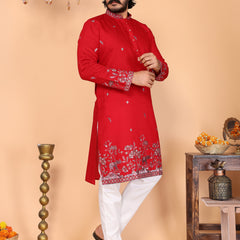 Men’s Heavy Linen Cotton Sequence Embroidered Kurta with Semi Cotton Chudidar