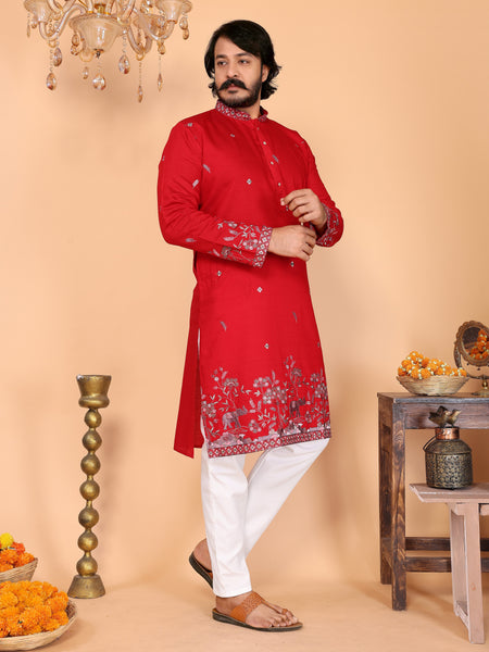 Men’s Heavy Linen Cotton Sequence Embroidered Kurta with Semi Cotton Chudidar