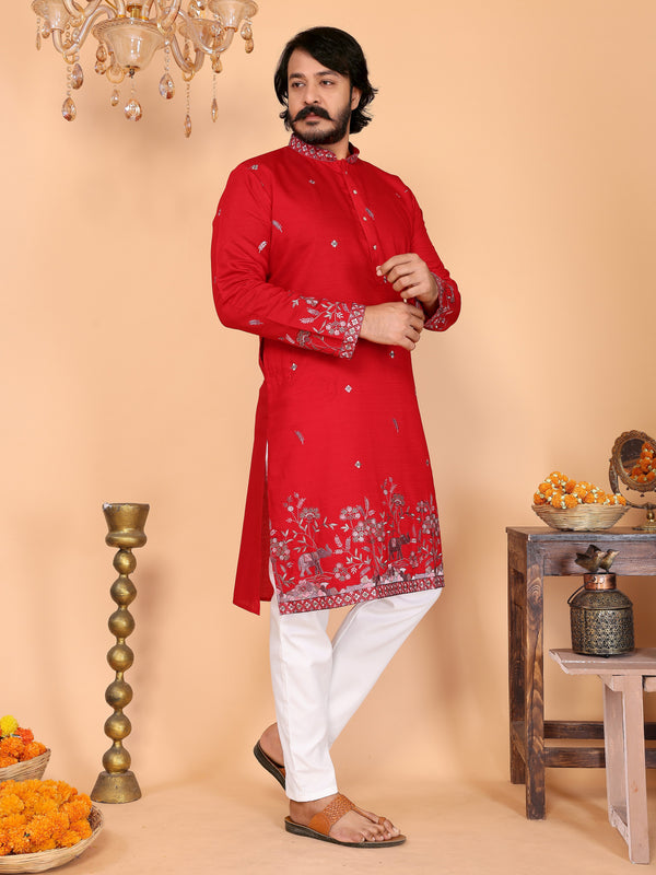 Men’s Heavy Linen Cotton Sequence Embroidered Kurta with Semi Cotton Chudidar