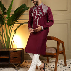 Men’s Viscose Silk Embroidered Kurta with Semi Cotton Chudidar