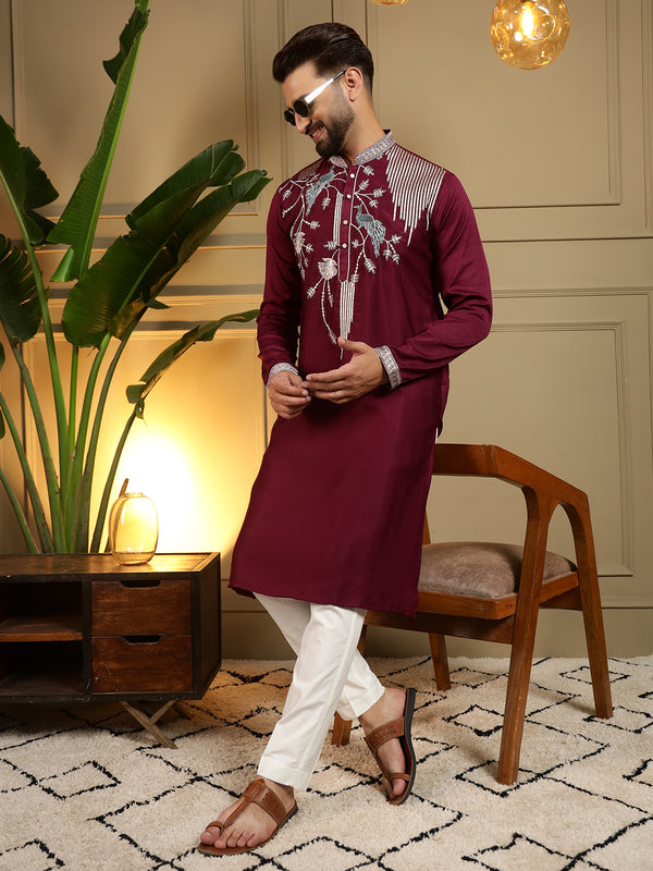 Men’s Viscose Silk Embroidered Kurta with Semi Cotton Chudidar