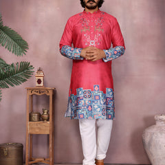 Men’s Heavy Khadi Cotton Printed Kurta with Embroidered Neck & Pyjama