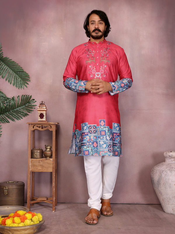 Men’s Heavy Khadi Cotton Printed Kurta with Embroidered Neck & Pyjama