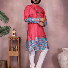 Men’s Heavy Khadi Cotton Printed Kurta with Embroidered Neck & Pyjama