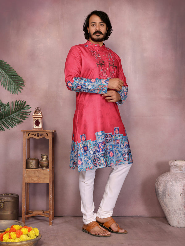 Men’s Heavy Khadi Cotton Printed Kurta with Embroidered Neck & Pyjama