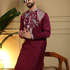 Men’s Viscose Silk Embroidered Kurta with Semi Cotton Chudidar