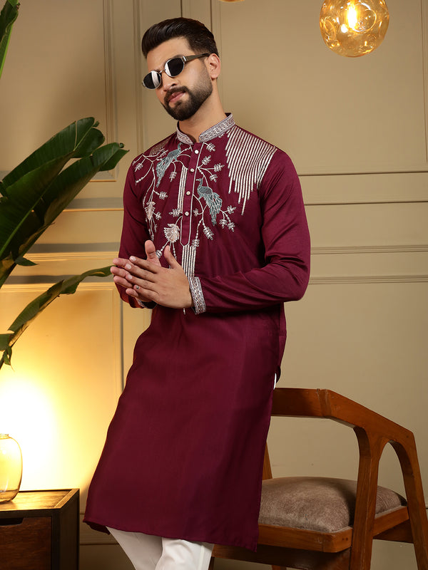 Men’s Viscose Silk Embroidered Kurta with Semi Cotton Chudidar
