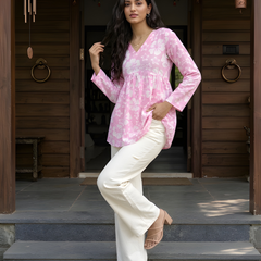 Women’s White-Pink Cotton Printed Flared Kurti