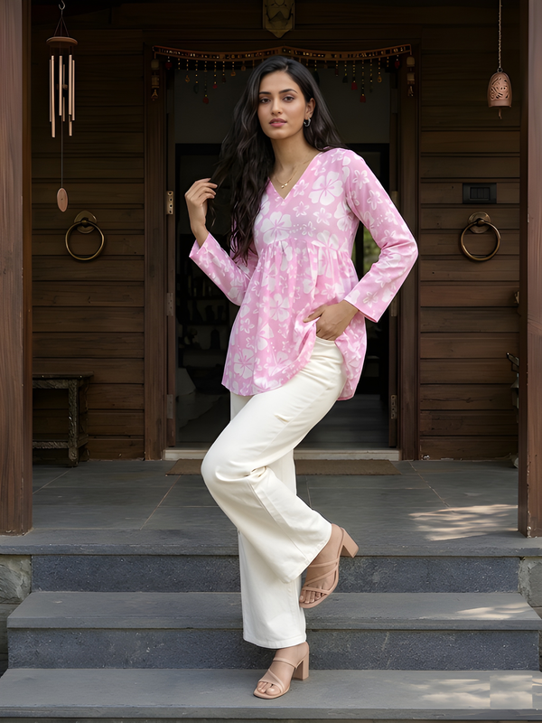Women’s White-Pink Cotton Printed Flared Kurti