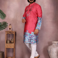 Men’s Heavy Khadi Cotton Printed Kurta with Embroidered Neck & Pyjama