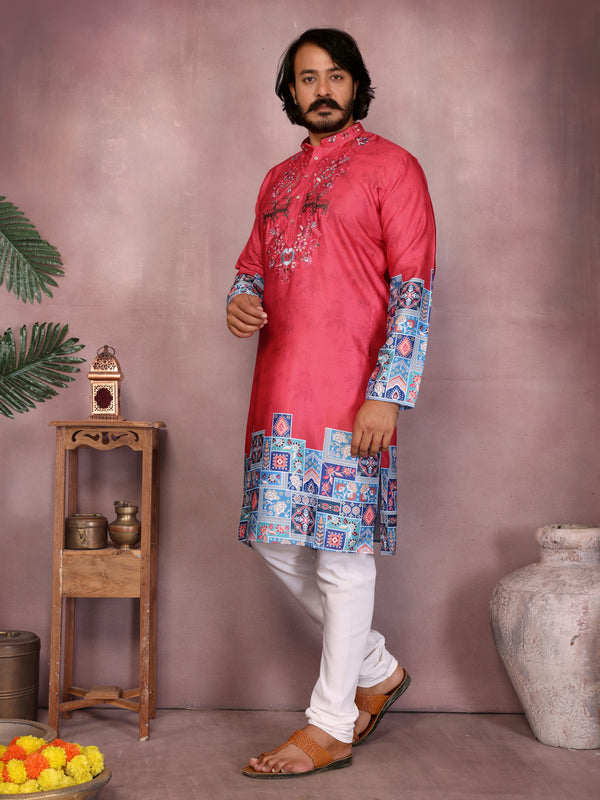 Men’s Heavy Khadi Cotton Printed Kurta with Embroidered Neck & Pyjama