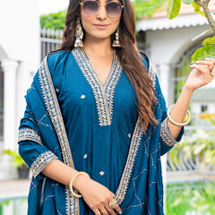 Women's Vichitra Silk Embroidered Kurta Pant Dupatta Set