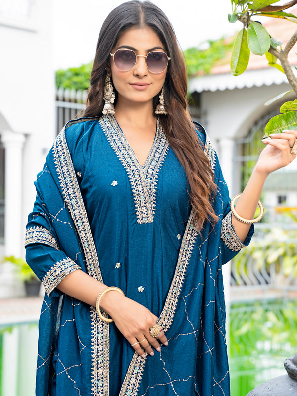 Women's Vichitra Silk Embroidered Kurta Pant Dupatta Set
