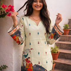 Women’s Cream Cotton Kalamkari Printed V-Neck Tunic