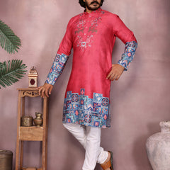 Men’s Heavy Khadi Cotton Printed Kurta with Embroidered Neck & Pyjama